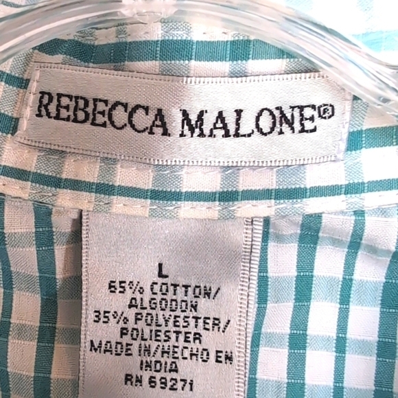 Rebecca Malone Blue Check With Embroidered Flowers Blouse Size L - Picture 2 of 6